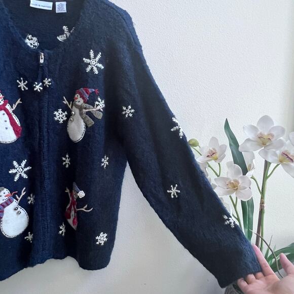 Vintage Christmas Snowman Blue Cardigan Sweater Silk Wool Knit Women's Size M - Picture 6 of 7